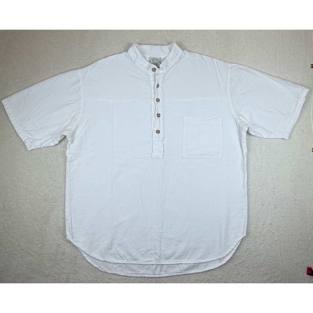 Drawstrings of Malibu Mens White Cotton‎ Band Collar Henley Shirt Large USA Made